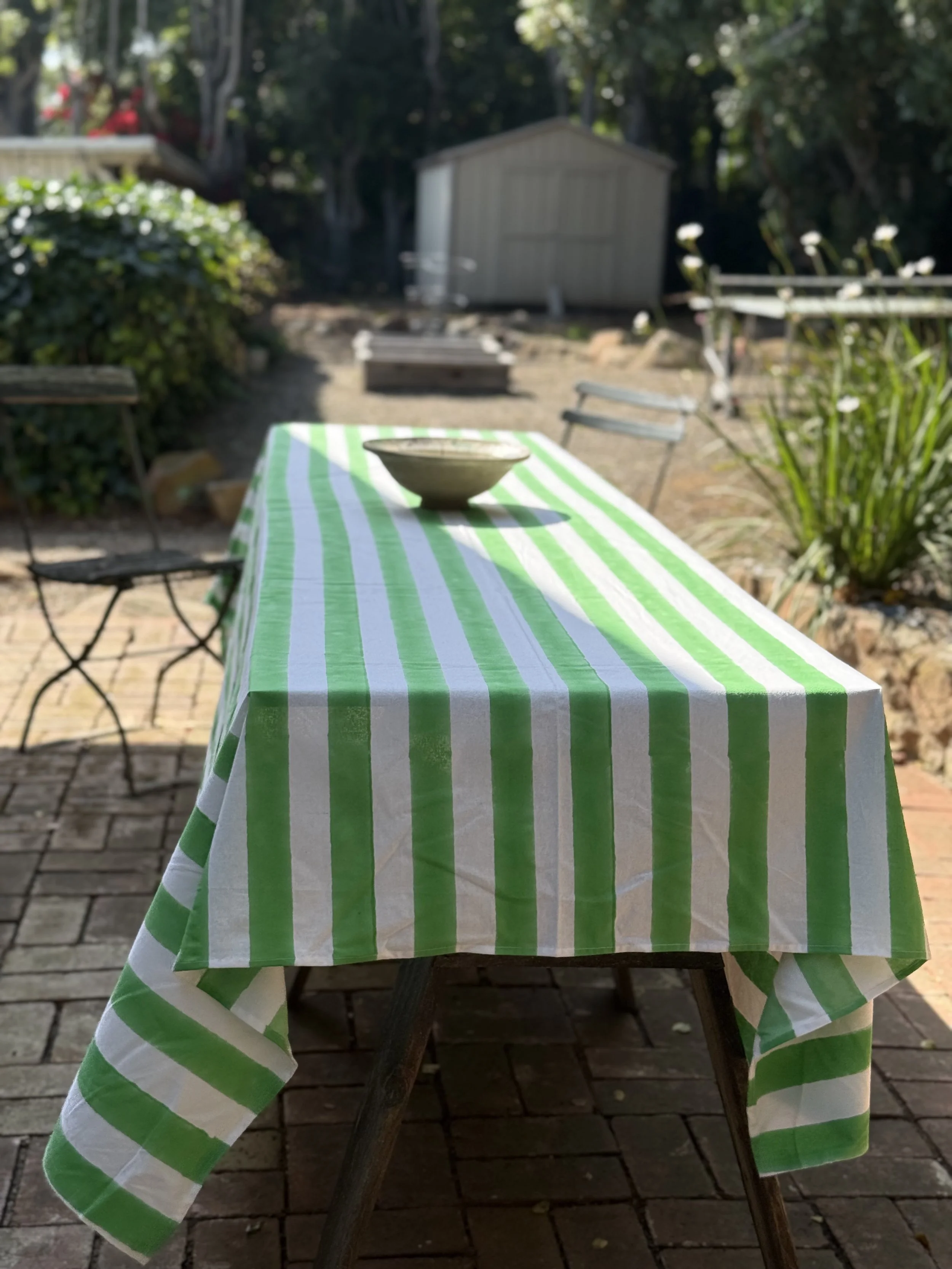 green striped blockprinted tablecloth