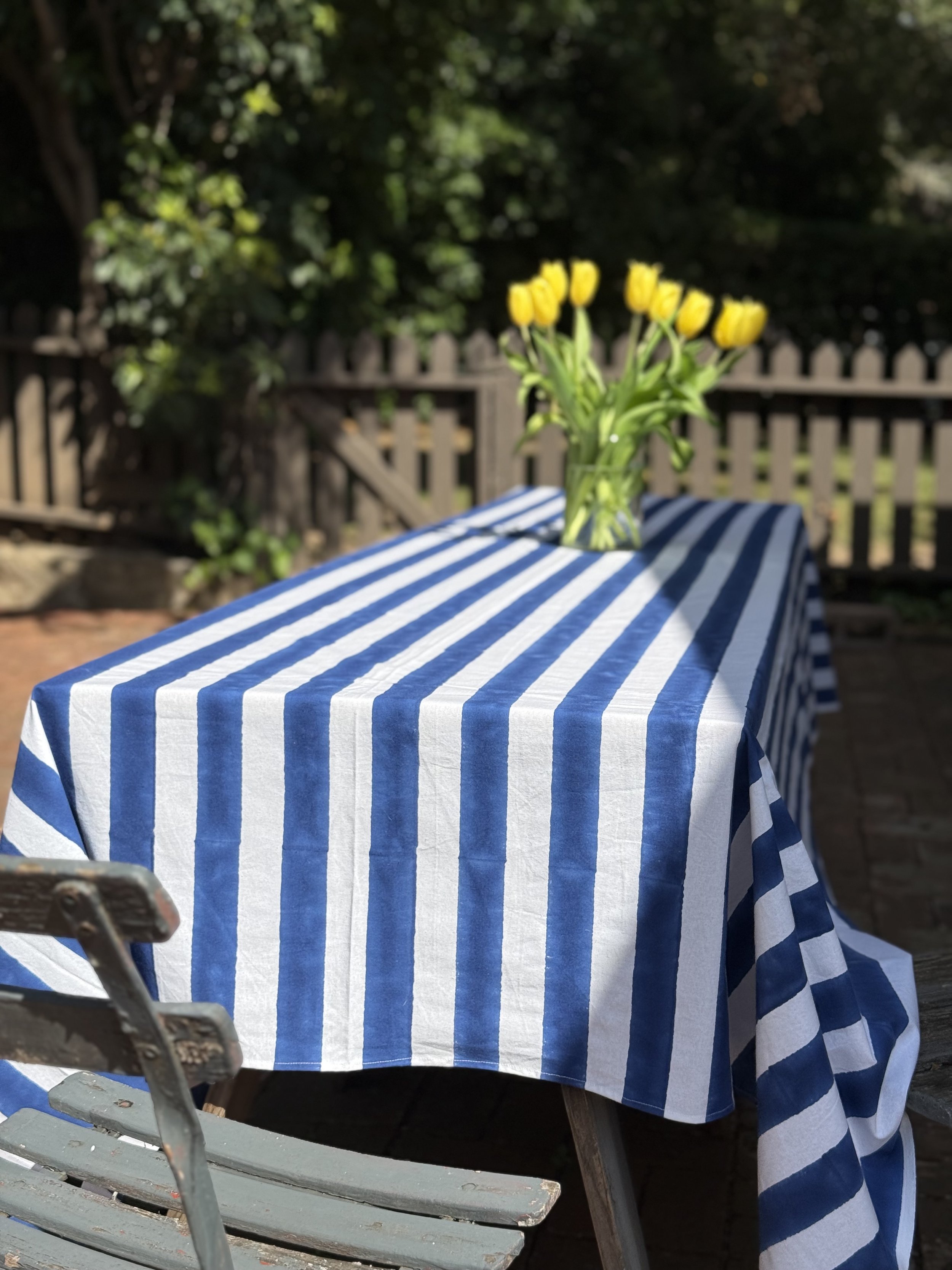 blue striped blockprinted tablecloth