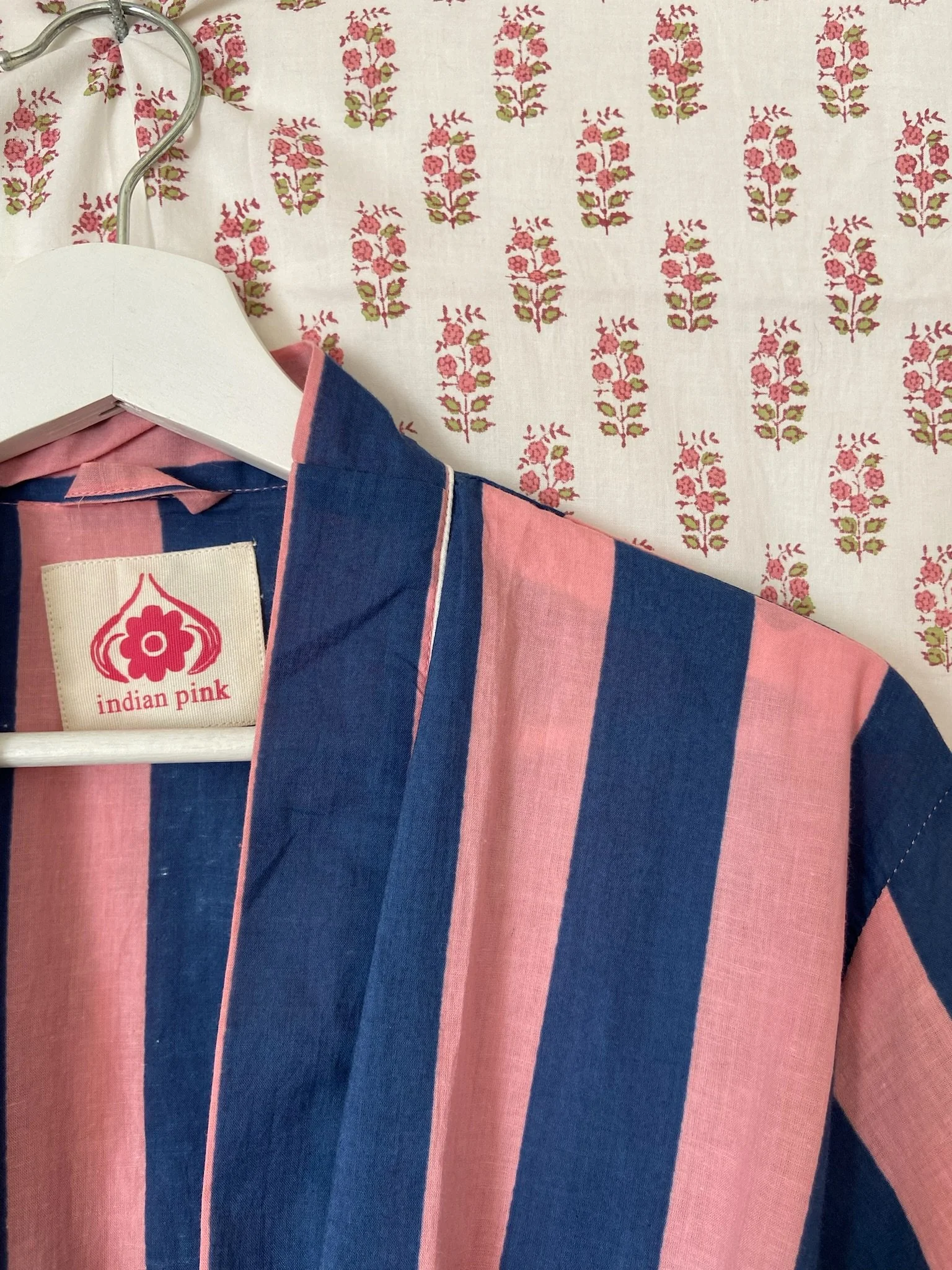 pink and blue striped kimono