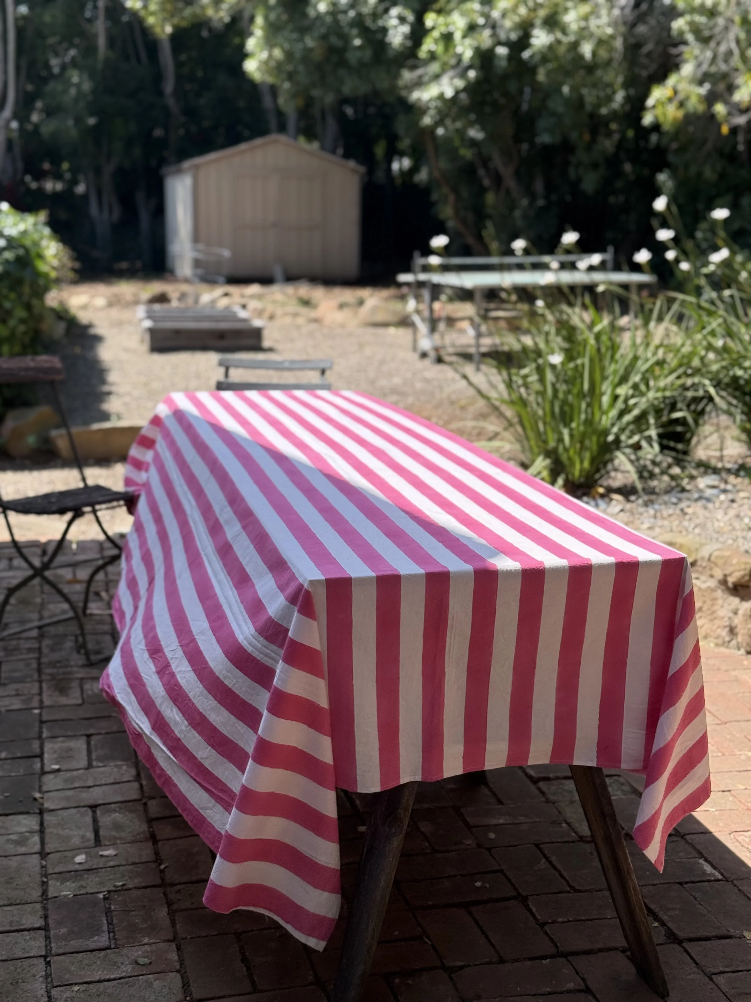 pink stripe blockprinted tablecloth