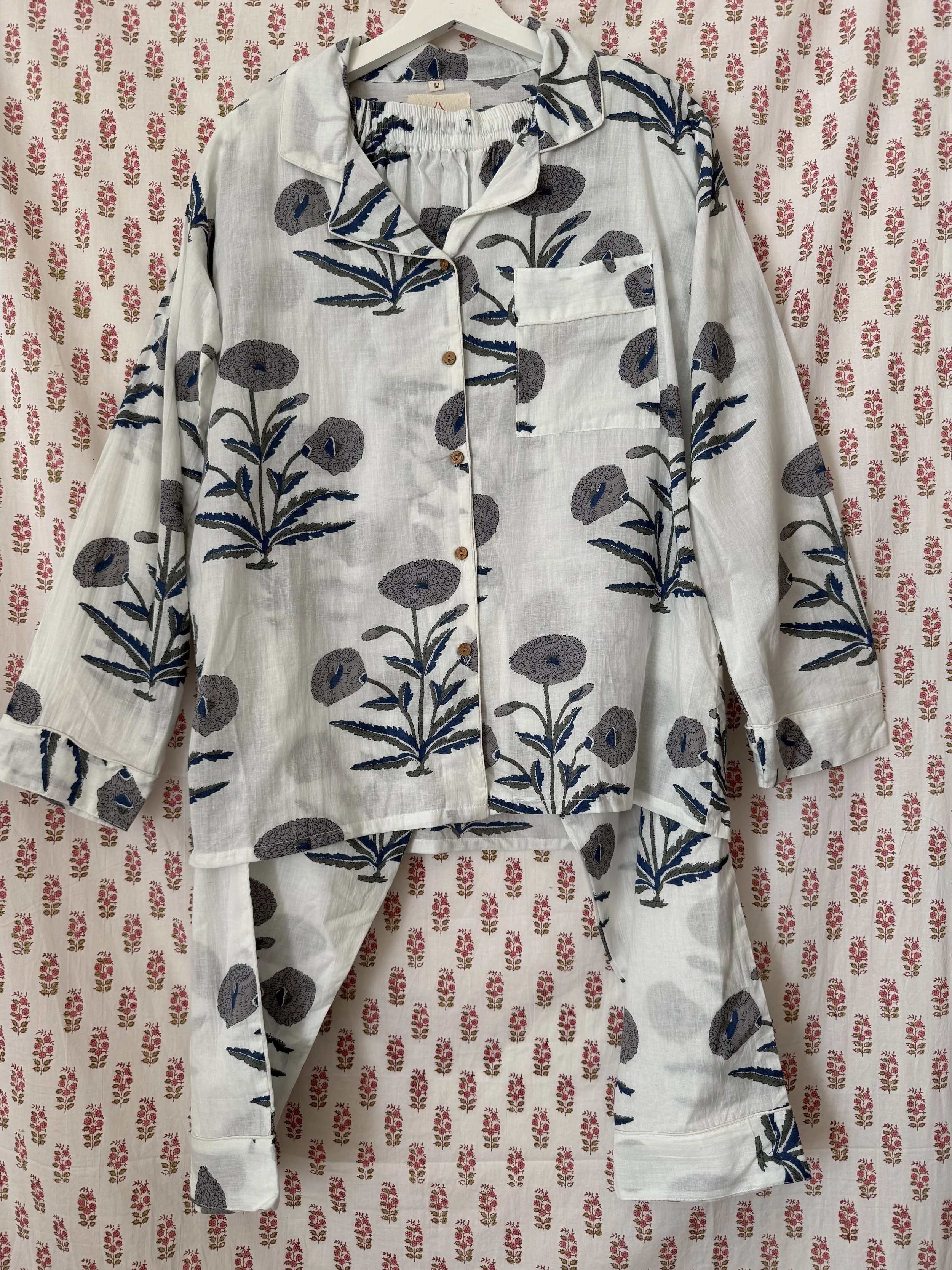 grey and blue pajamas