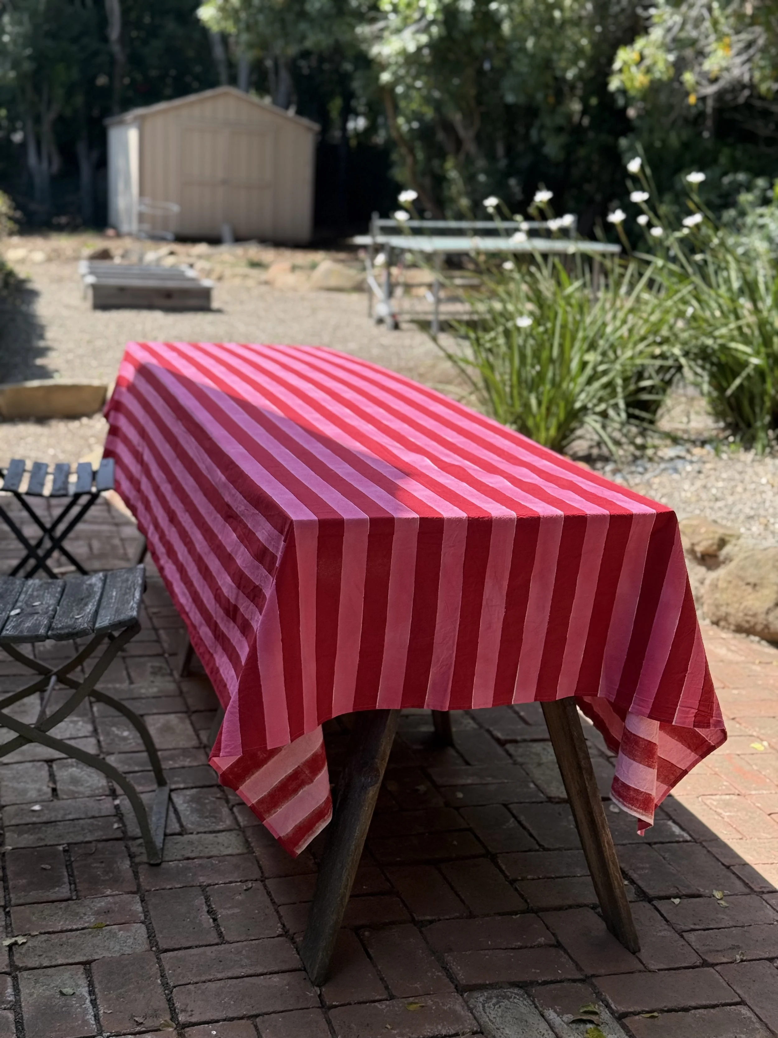 pink & red stripe blockprinted tablecloth