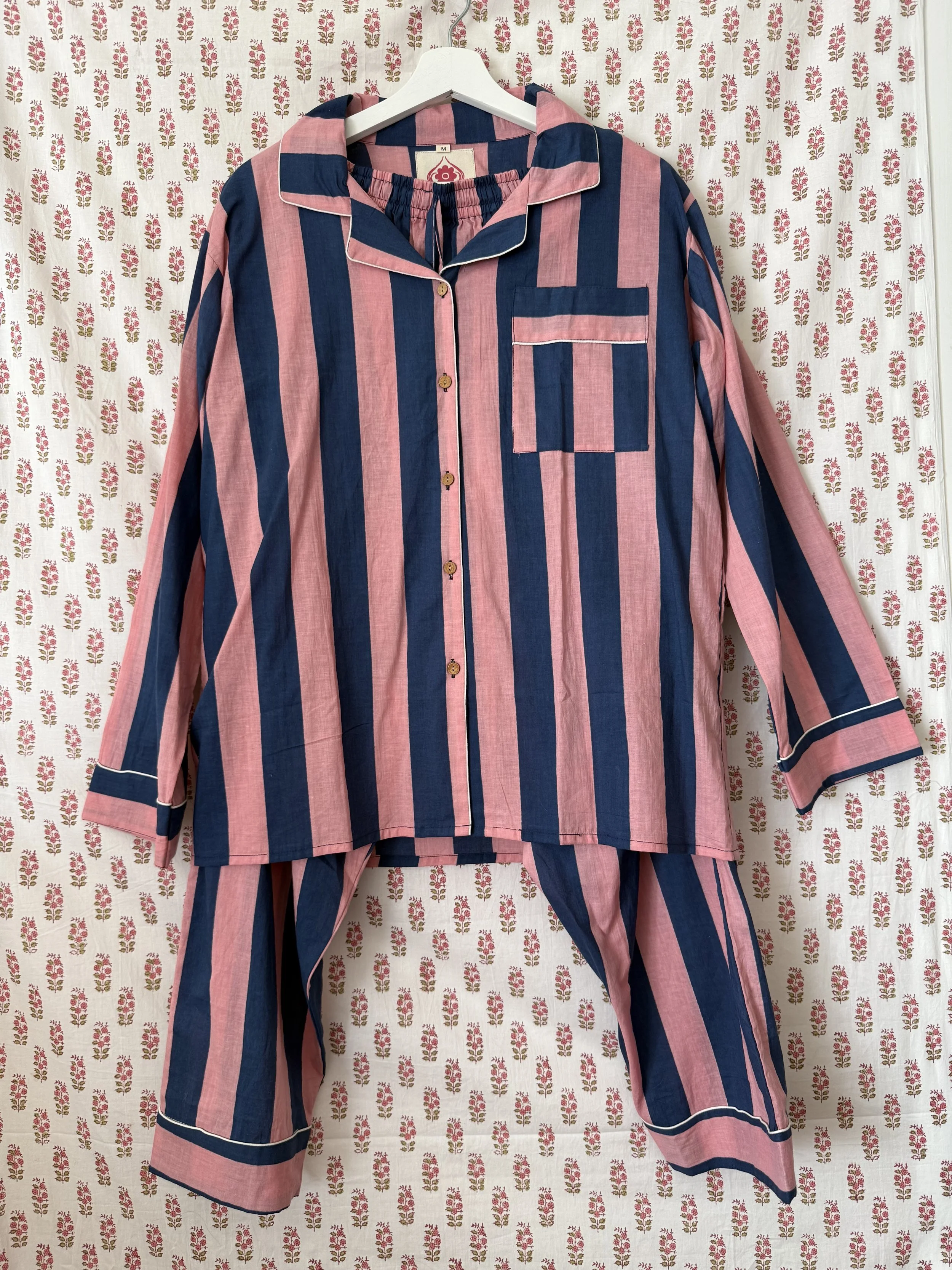 pink and blue stripe pajama set