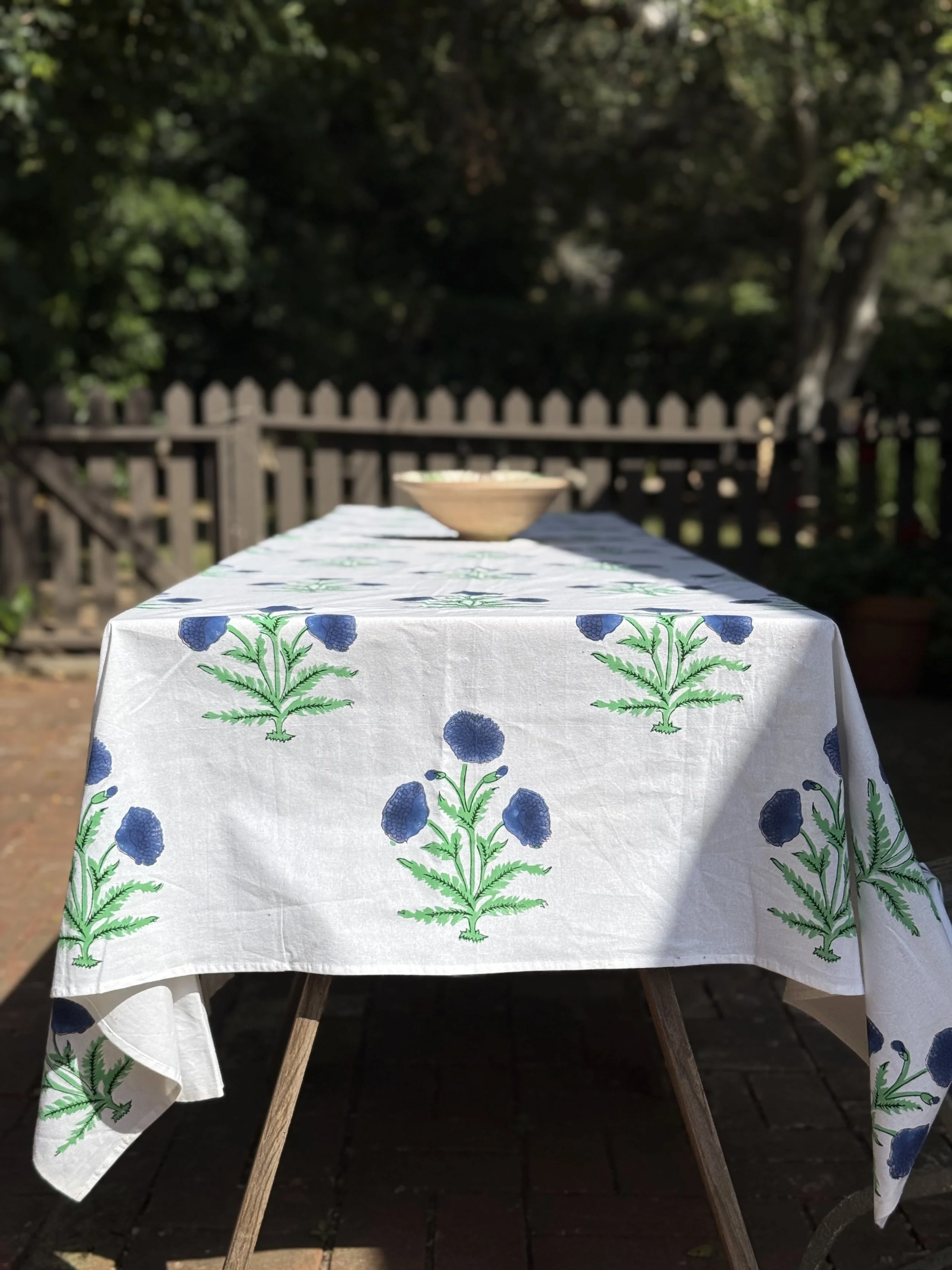 blue poppy blockprinted tablecloth