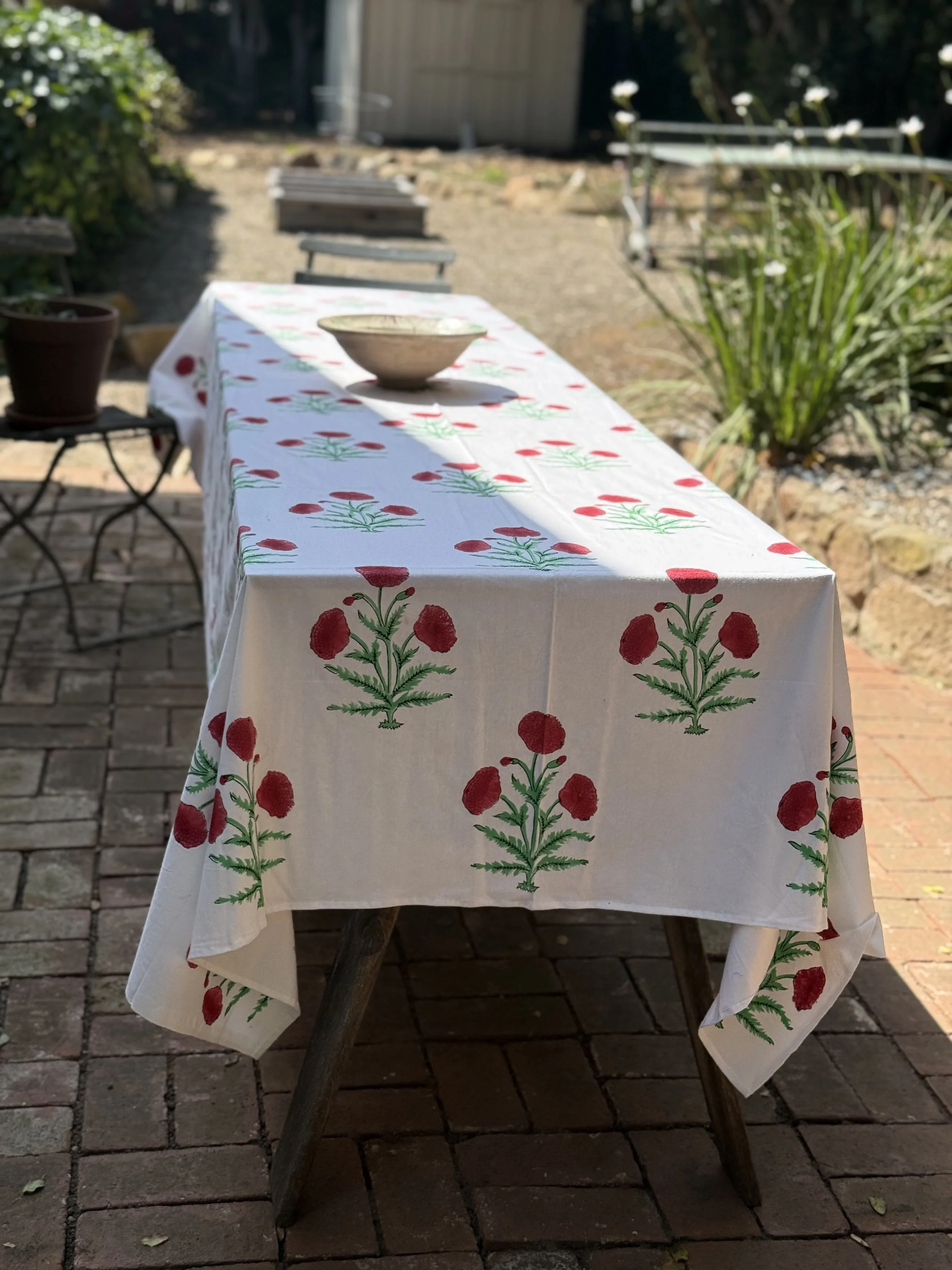 red poppy blockprinted tablecloth