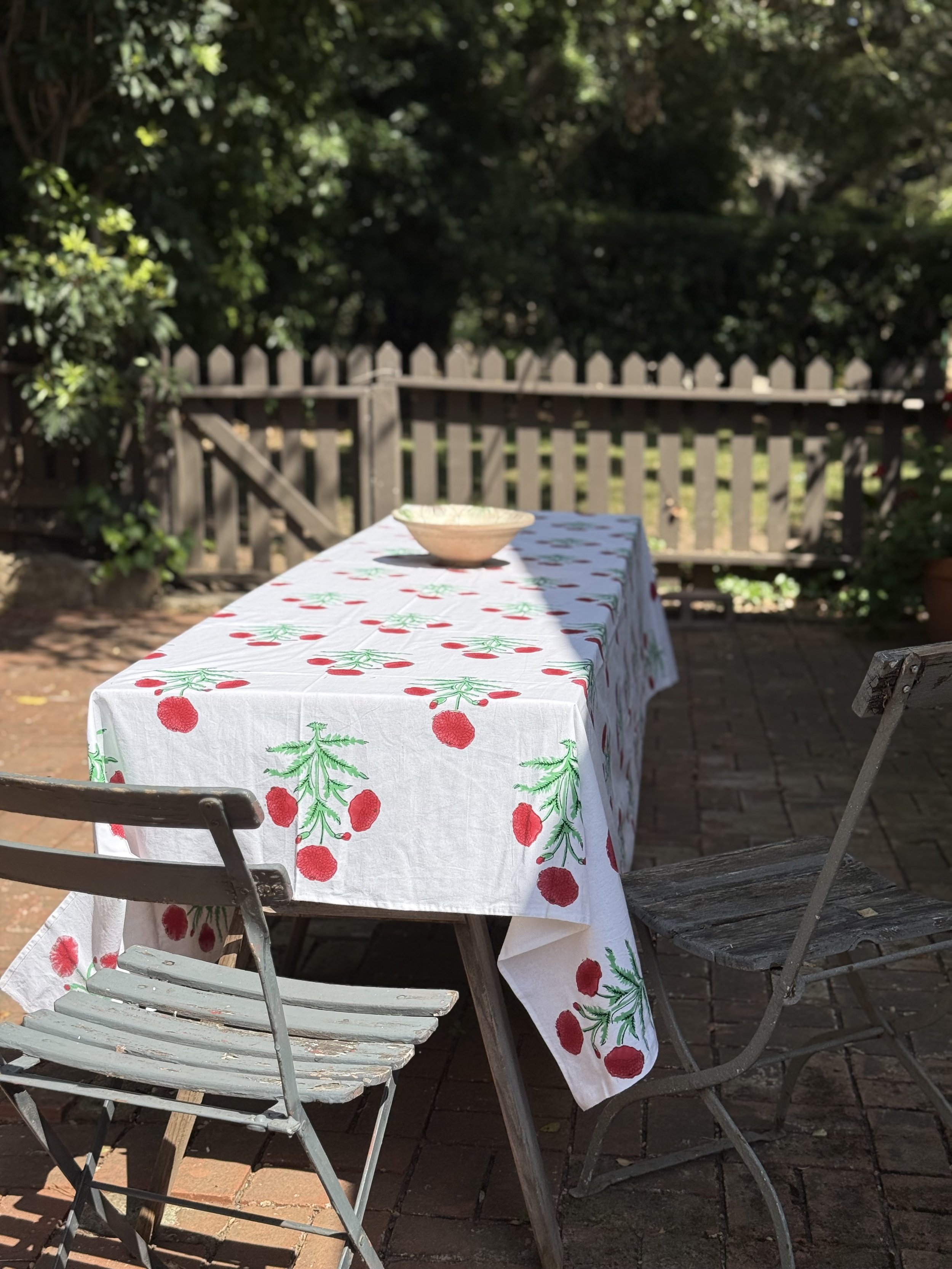 pink poppy blockprinted tablecloth