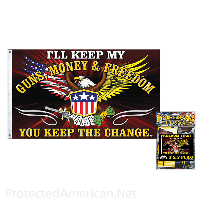 GUNS MONEY FREEDOM AMERICA 3X5 FLAG freedom eagle gun FL581 new right arms seal