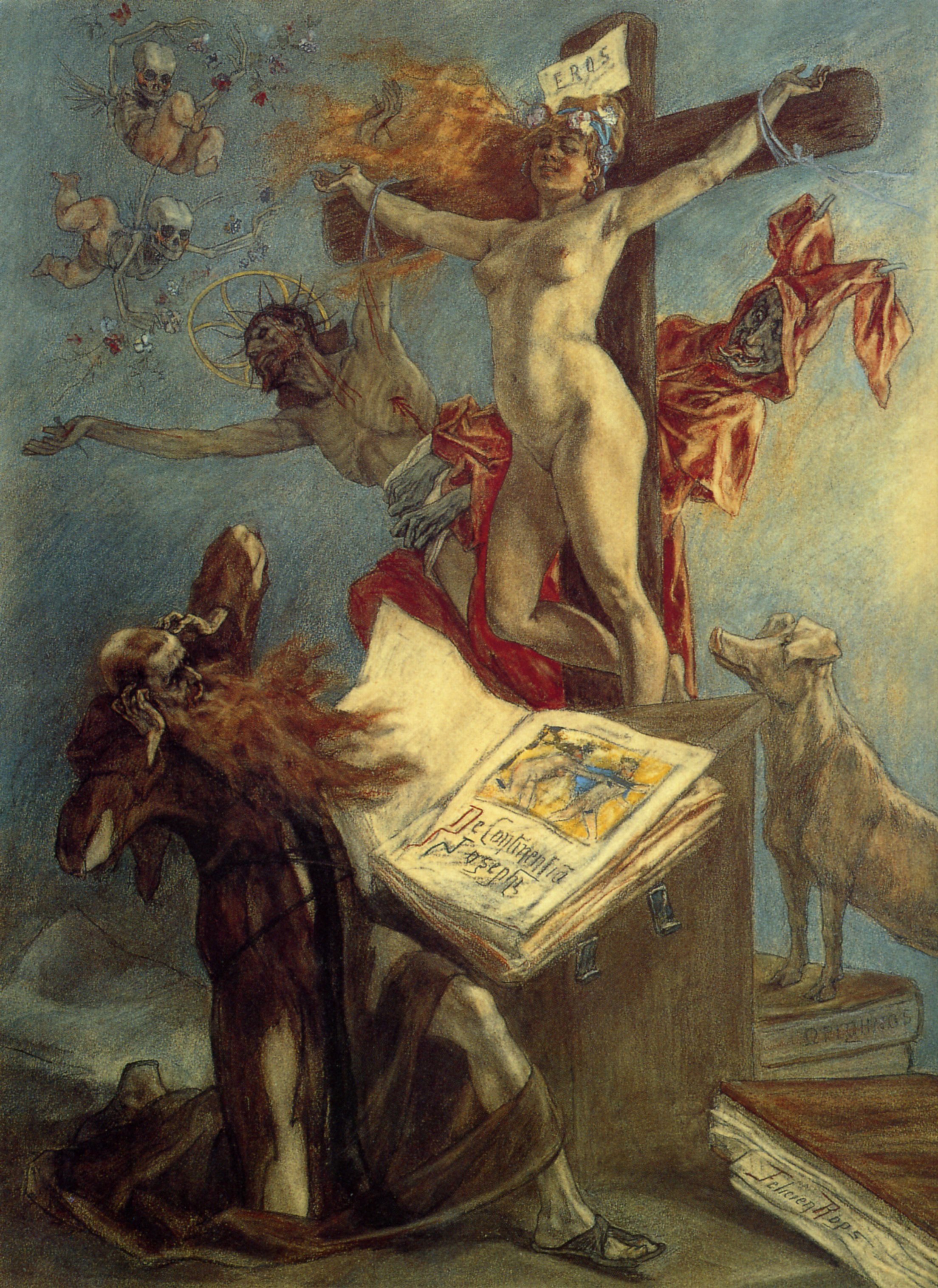 Félicien Rops (1833-1898), The Temptation of Saint Anthony (1878), pastel and gouache on paper, 73.8 × 54.3 cm. Cabinet des estampes, Bibliothèque Royale Albert Ier, Brussels. Wikimedia Commons.