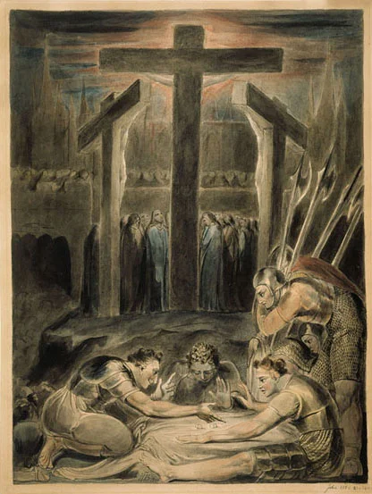 The Soldiers Casting Lots Over Christ's Garments by William Blake (1800). Pen, wash, ink, and watercolor on paper. Fitzwilliam Museum (University of Cambridge), Cambridge, UK