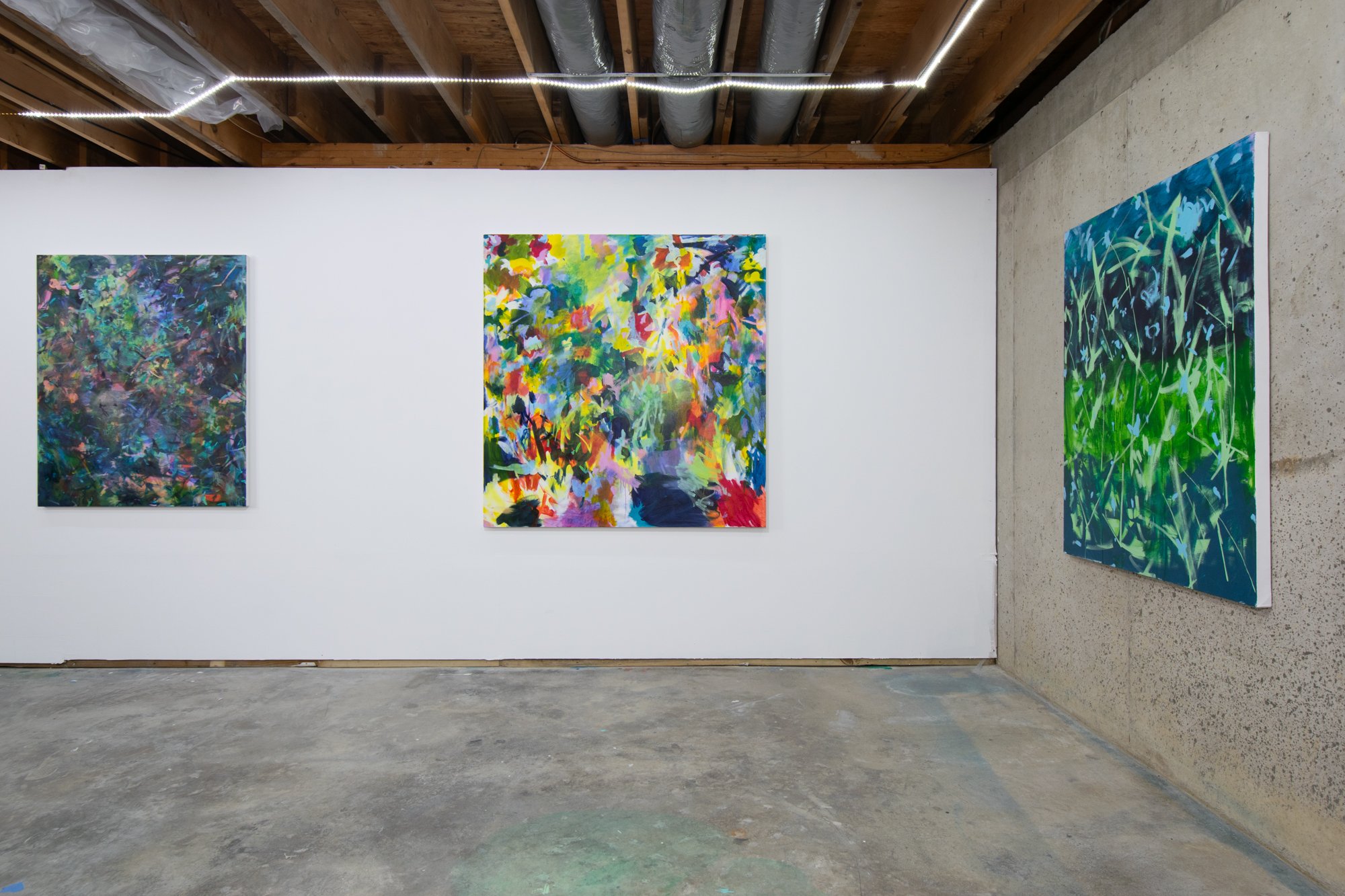 Left: Fugue , 2024, acrylic on canvas, 48 x 39.5 inches
Middle: Exploding Head , 2024, acrylic on canvas, 56 x 54 inches
Right: Here , 2024, acrylic on canvas, 50 x 40 inches