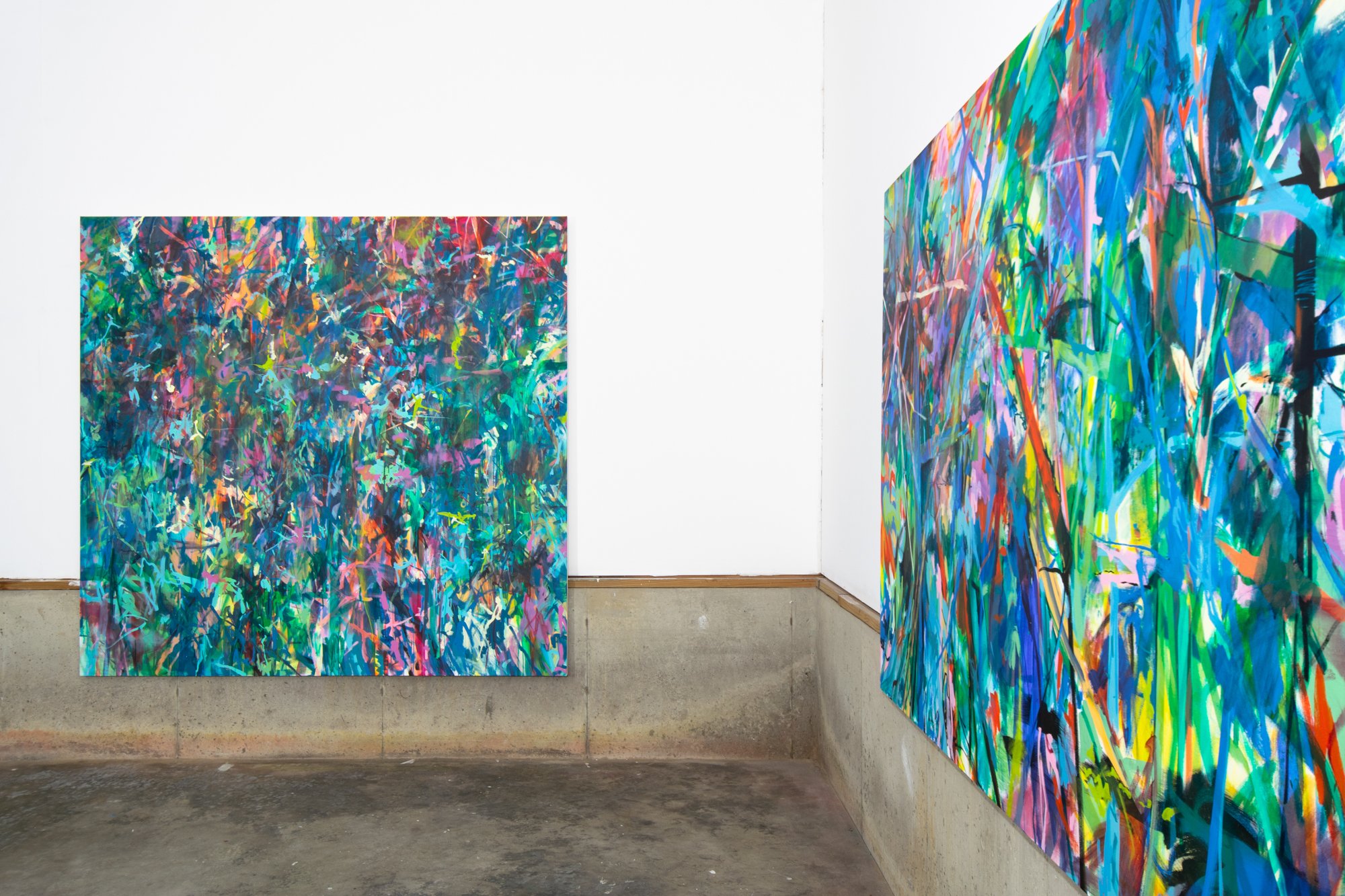 Left: Understory , 2025, acrylic on canvas, 80 x 84 inches
Right: Thicket , 2024, acrylic on canvas, 60 x 96 inches