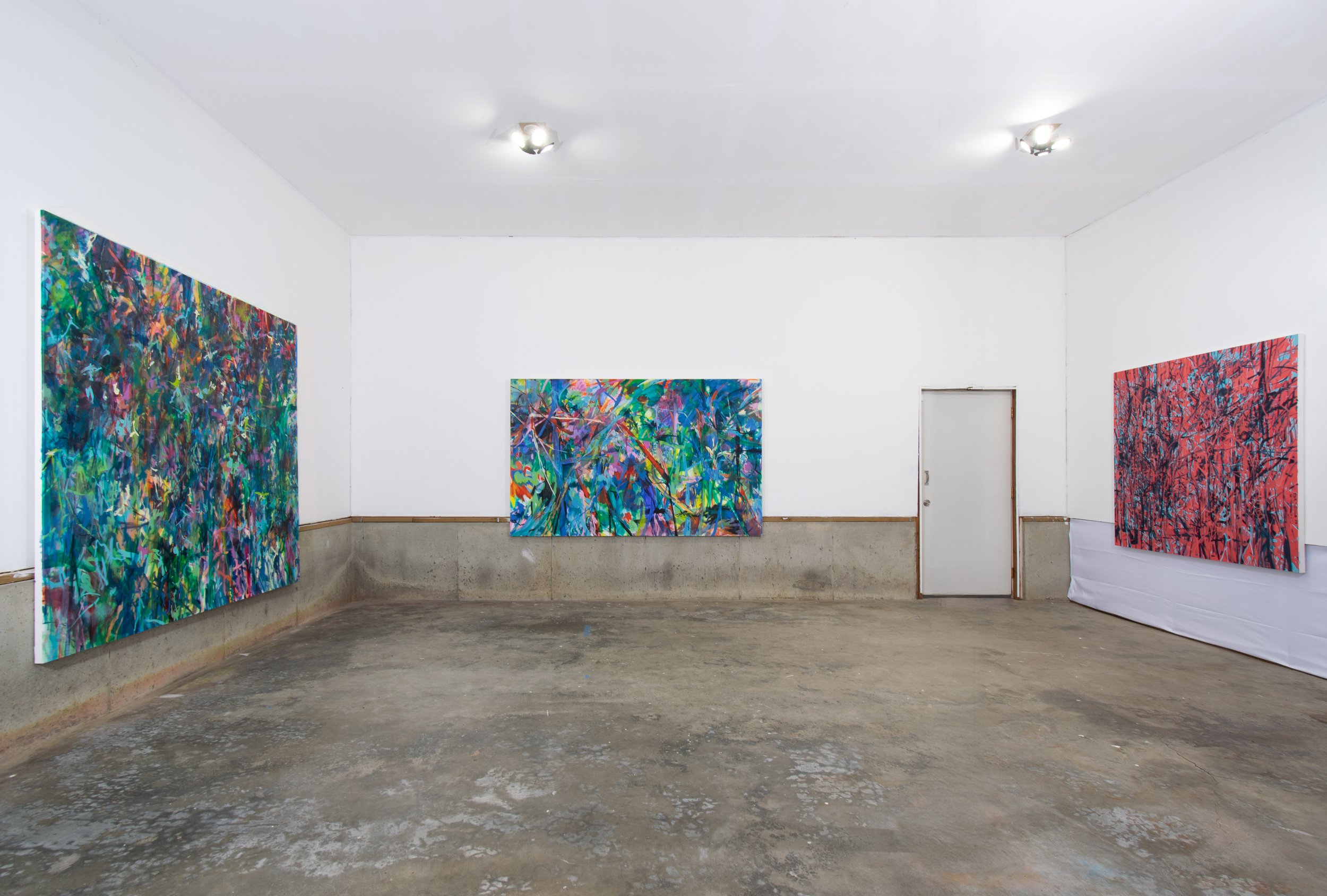 Left:  Understory , 2025, acrylic on canvas, 80 x 84 inches 
Middle:  Thicket , 2024, acrylic on canvas, 60 x 96 inches 
Right:  Drift , 2024, acrylic on canvas, 59.5 x 59.5 inches