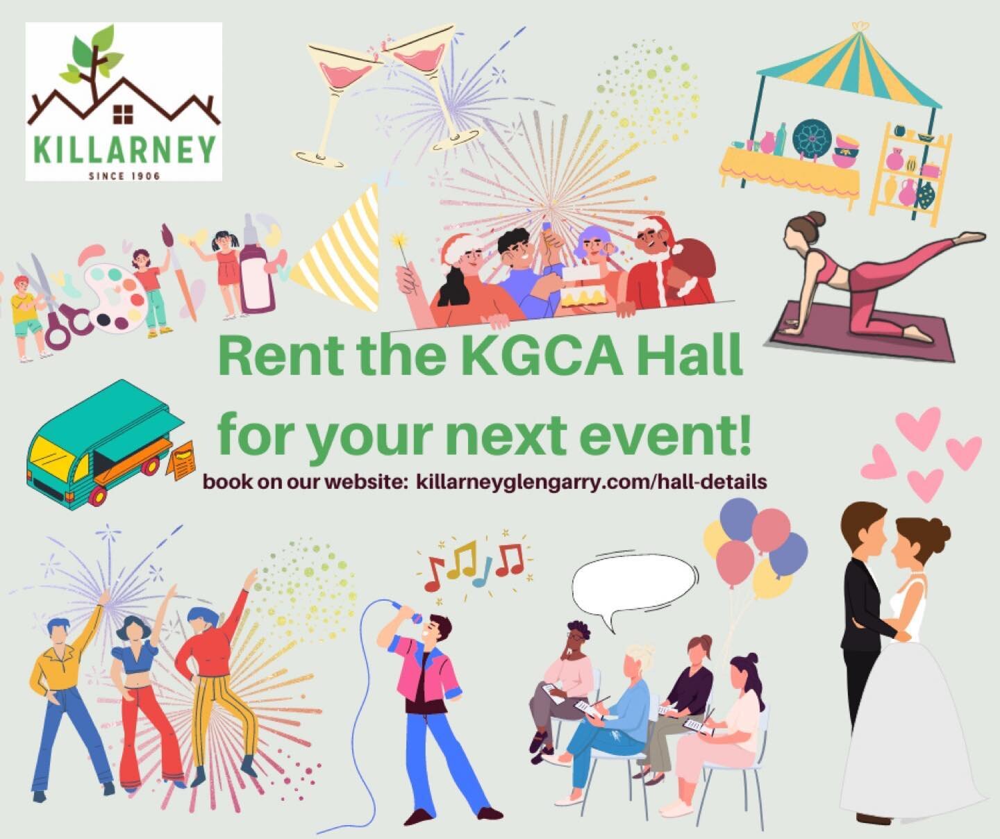 Rent the Killarney-Glengarry Community Hall for your next event! We host a variety of different rentals, from weddings, to book clubs, fitness classes, birthday parties, anything you can think of! We accept booking up to a year in advance, start plan