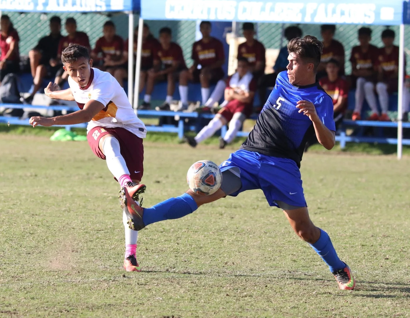  Yader Rodriguez of Pasadena City College scores the only goal during the Lancers road win at Cerritos College on Oct. 18, 2016. 