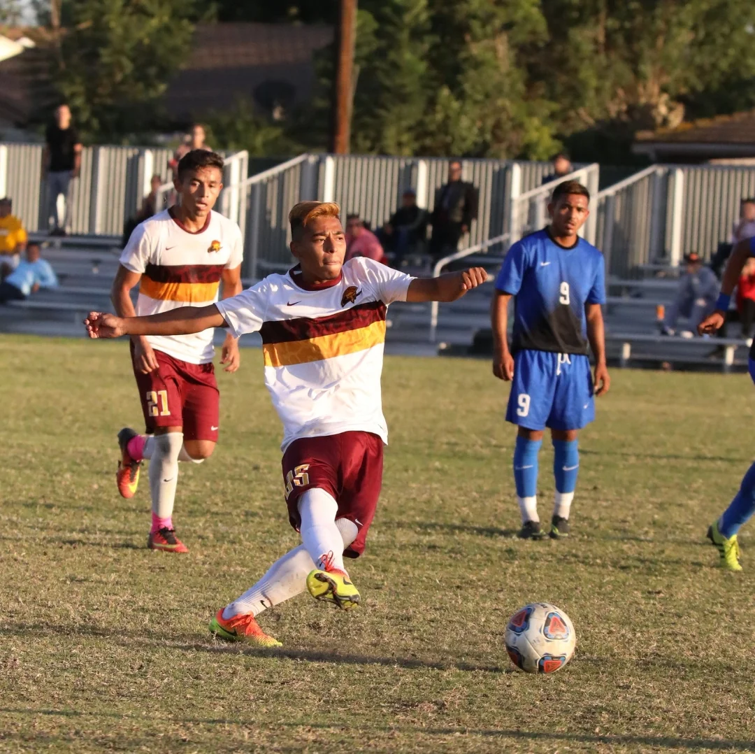  Manuel Chavez of Pasadena City College scores on a Penalty shot during the second half against Cerritos College during the Lancers 2-0 win on Oct. 18, 2016. 