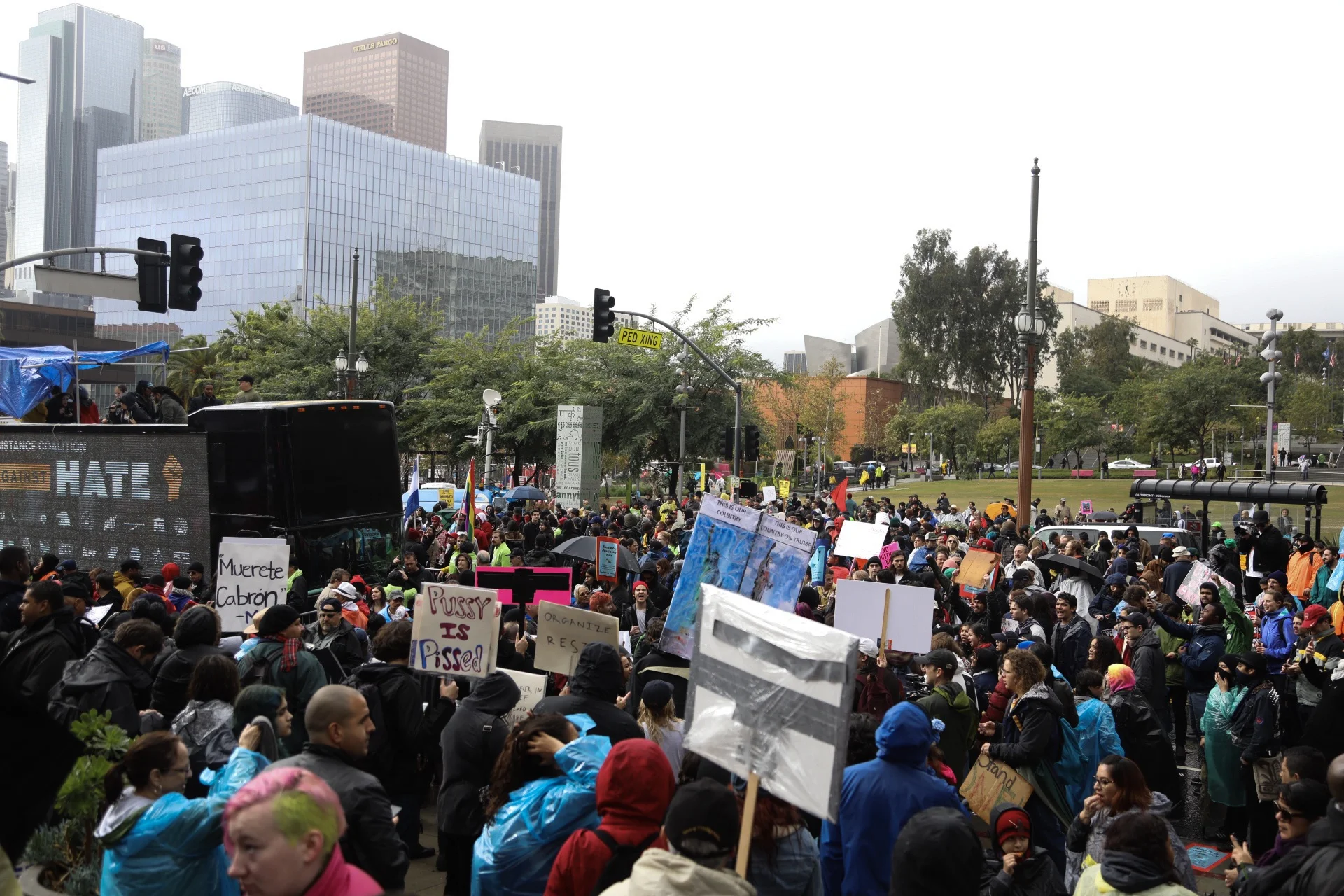 Protestors gather on the street in front of Los Angeles City Hall during the United Against Hate march on Friday Jan. 20, 2017
