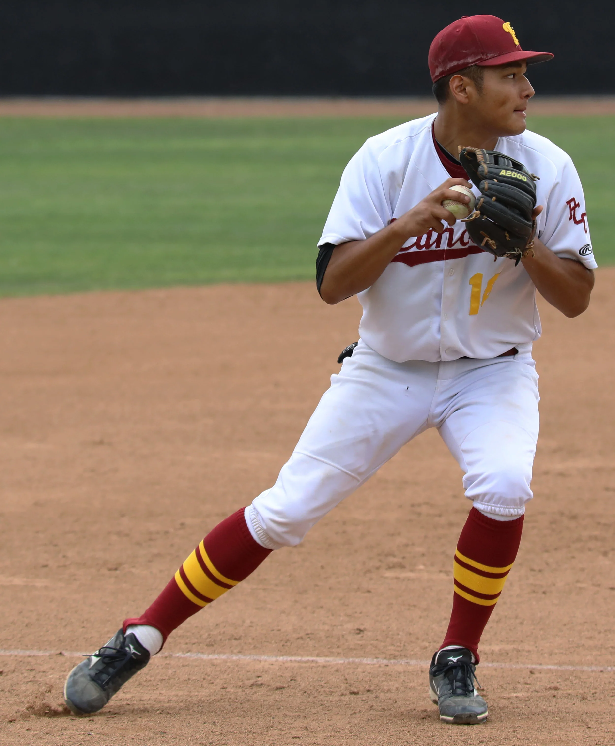 Michael Watkins/ Courier Nico Marinez of PCC throws to first after fielding a hard hit grounder at third during the Lancers 10-4 win against Rio Hondo College at home on Thursday April 6, 2017.