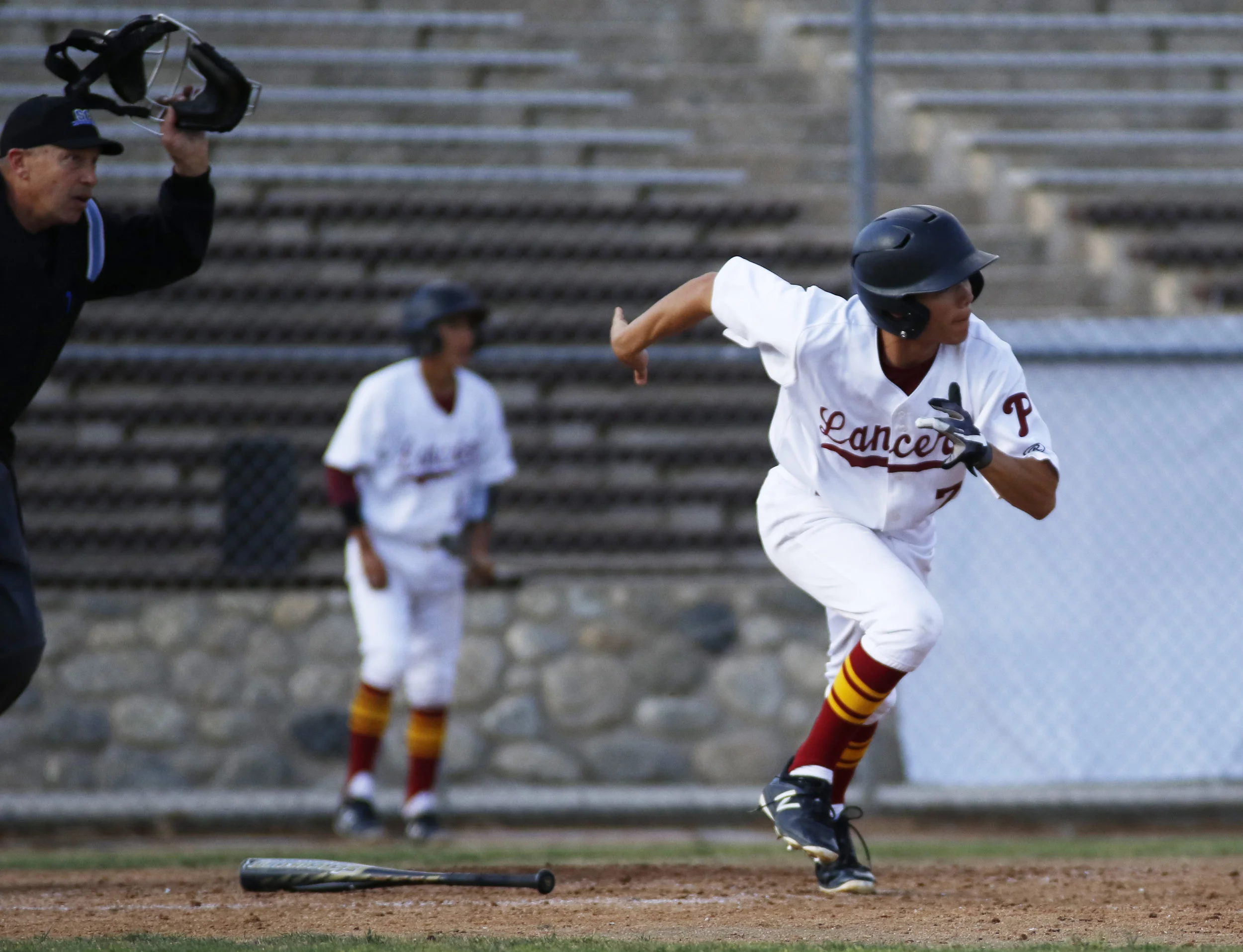 Michael Watkins/ Courier Edward Manzo (7) of PCC takes off after his hit for a double during PCC’s 6-3 home win over Santa Barbara City College on Wednesday, February 28, 2018. 
