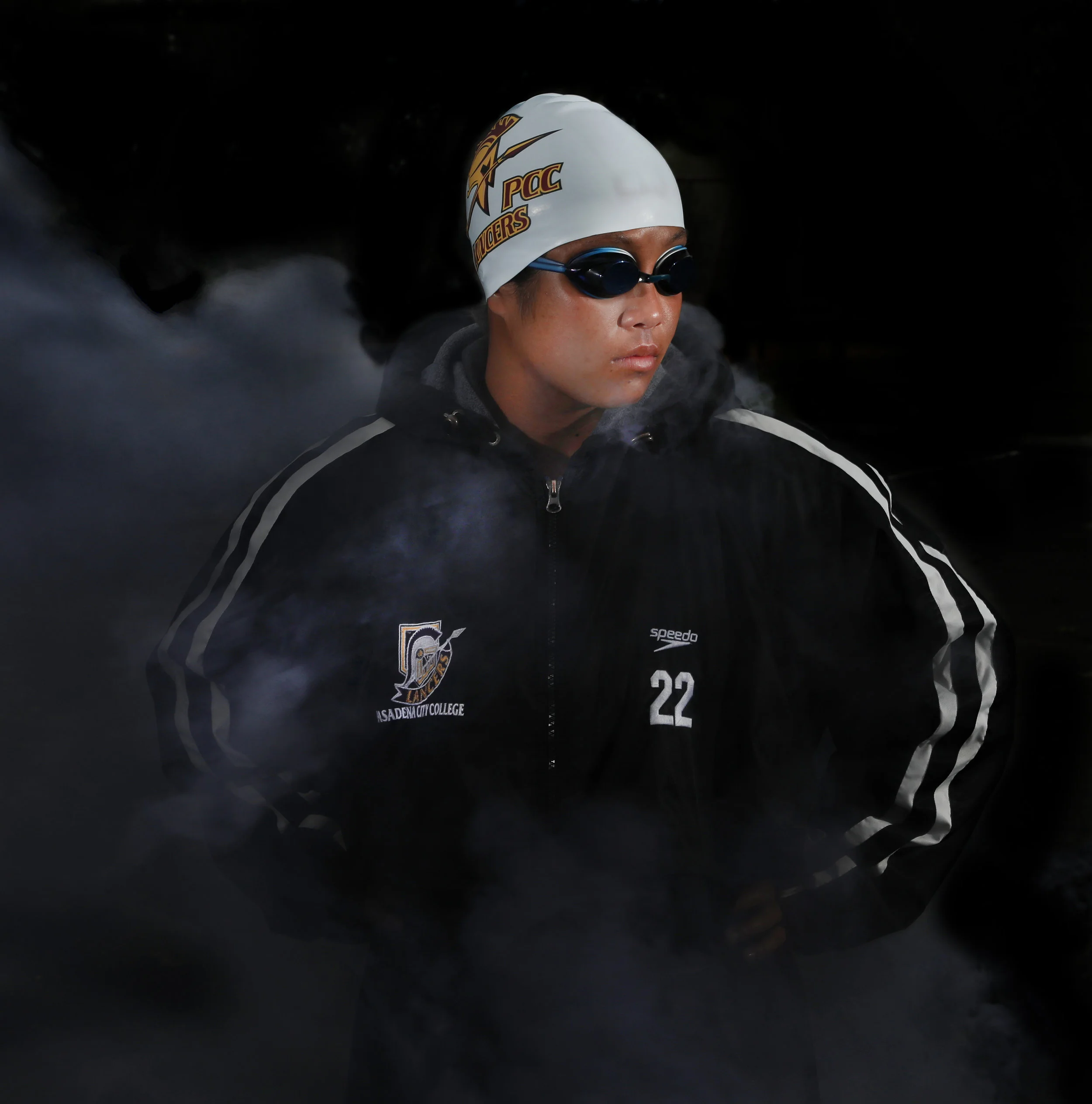 Michael Watkins/ Courier Swimmer Jocelyn Jo of Pasadena City College poses for a portrait in her Lancer swim gear on Thursday, April 5, 2018.