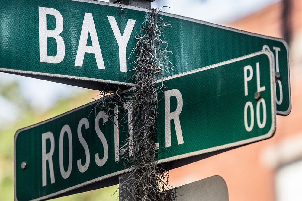 Spanish moss drapes itself over the sign at the corner of Bay Street and Rossiter Place in Savannah's Historic District. Patrick Rossiter emigrated from County Wexford to Savannah in 1850, and the street name honors his grandson, Francis Patrick Rossiter, Sr., longtime Mayor Pro Tem of the City of Savannah.