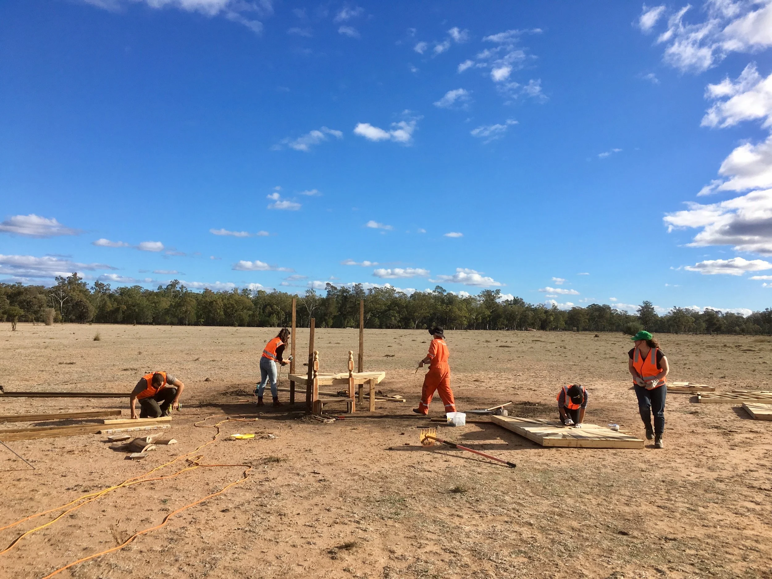 9am: Jorja and Maneh work on the first platform while James, Ruth and Micalah prep the second.