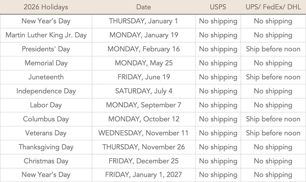 Holiday 2026 Shipping Schedule