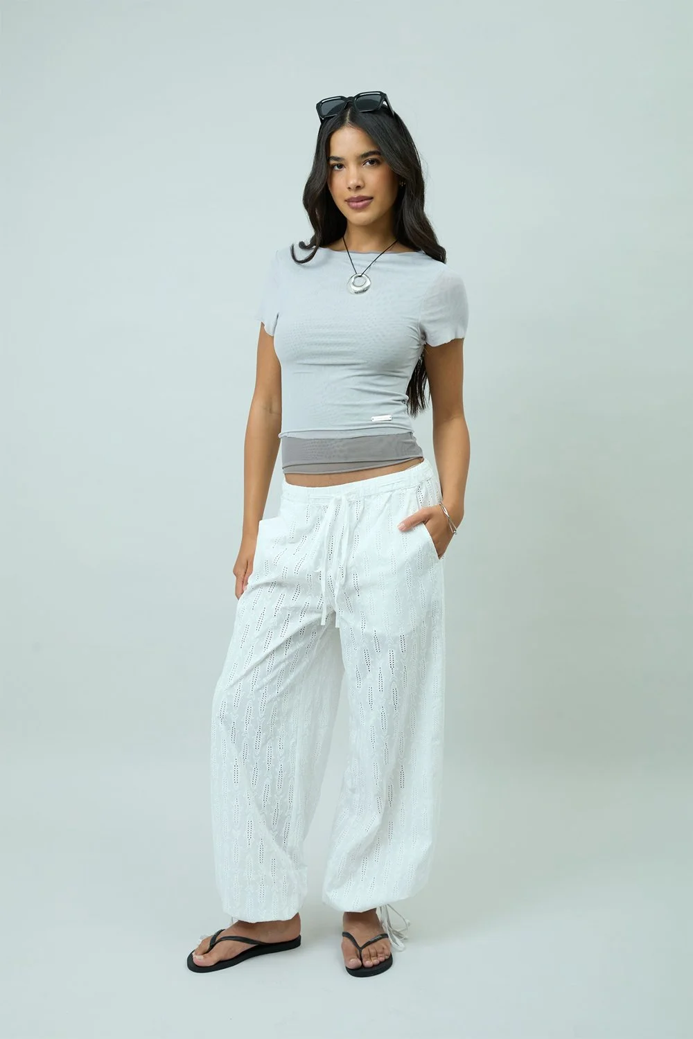 House of Sunny Double Layer Mesh Top - Pale Grey