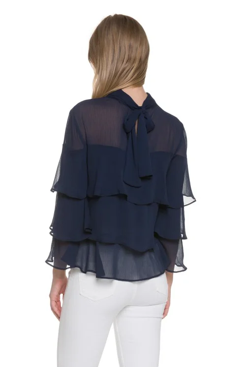 Endless Rose High Neck Frill Top - Navy