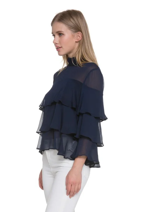 Endless Rose High Neck Frill Top - Navy