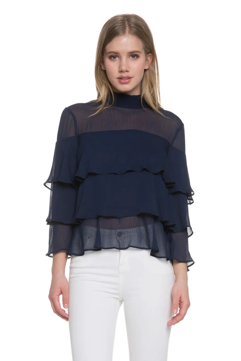 Endless Rose High Neck Frill Top - Navy