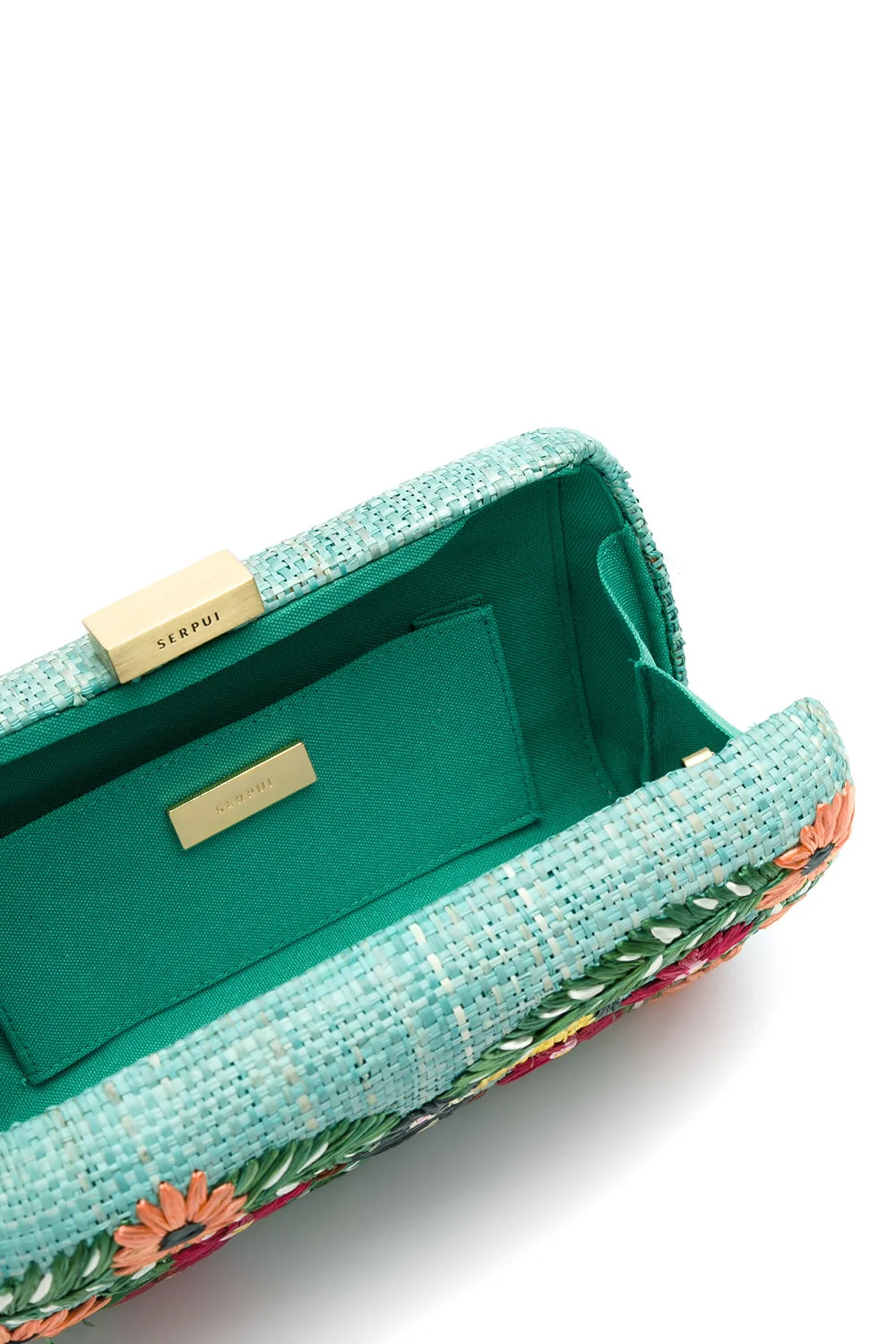 SERPUI Elza Tucan Embroidery Straw Clutch - Turquoise
