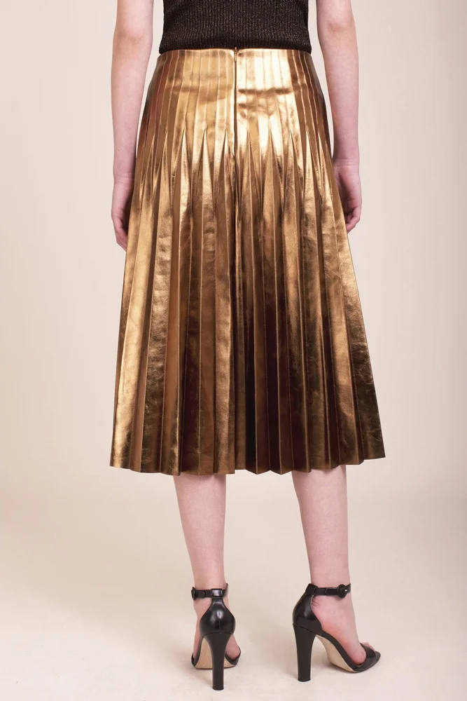 Deby Debo Katya Metallic Gold Pleated Midi Skirt