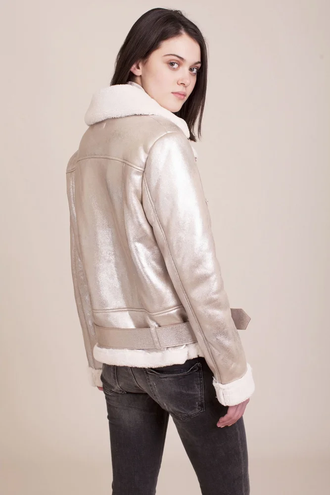 Deby Debo Georgia Metallic Gold Shearling Biker Jacket