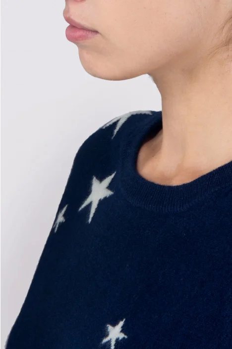 Pure Cashmere Star Jacquard Crew Neck Cashmere Sweater - Navy/ Ivory