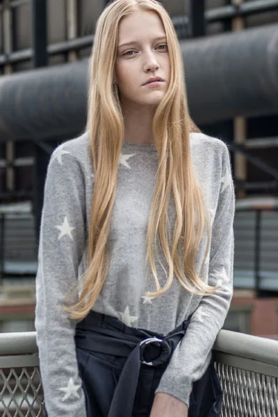 Pure Cashmere Star Jacquard Crew Neck Cashmere Sweater - Grey/ Ivory