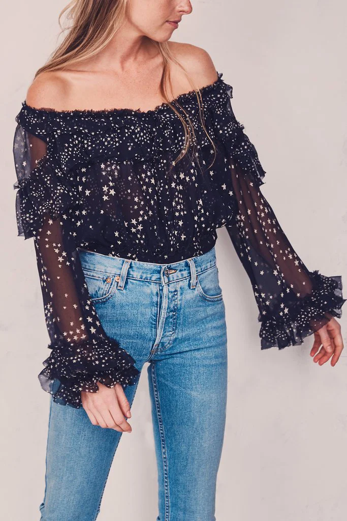 LoveShackFancy Ruffle Popover Top - Black Star Print