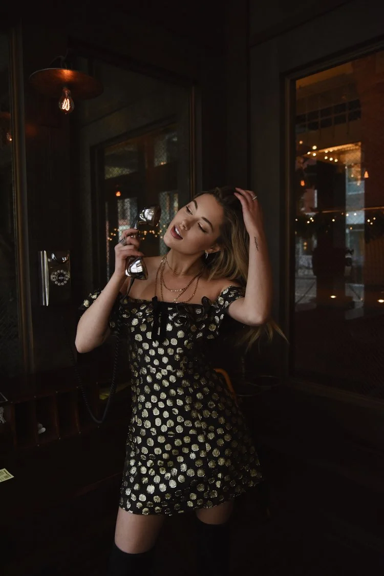 Jourdan Sloane of The Limit Does Not Exist in For Love & Lemons Lottie Ruffle Gold Polka Dot Mini Dress