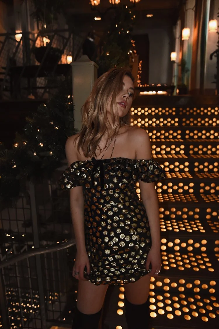 Jourdan Sloane of The Limit Does Not Exist in For Love & Lemons Lottie Ruffle Gold Polka Dot Mini Dress