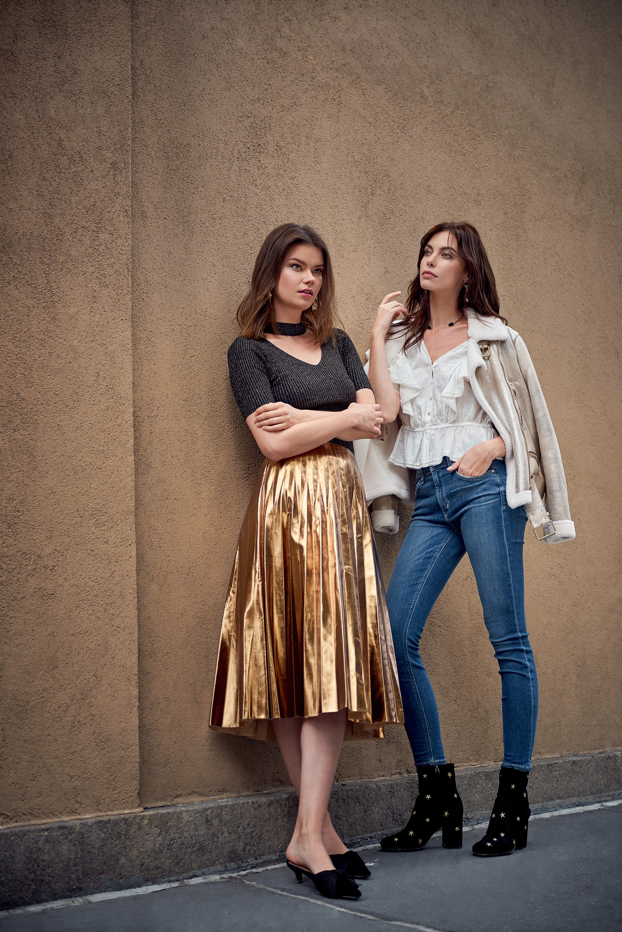 Deby Debo Katya Metallic Gold Pleated Midi Skirt