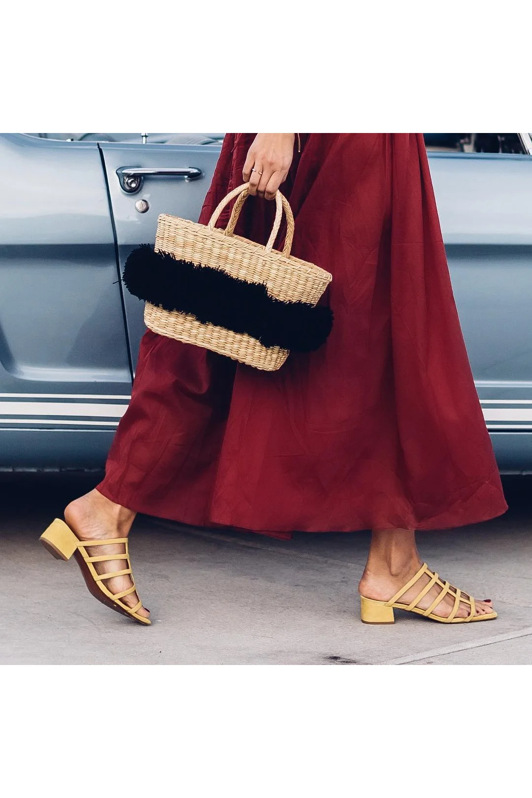 Babba C Rivera of @babba in BY FAR Grid Yellow Suede Sandals