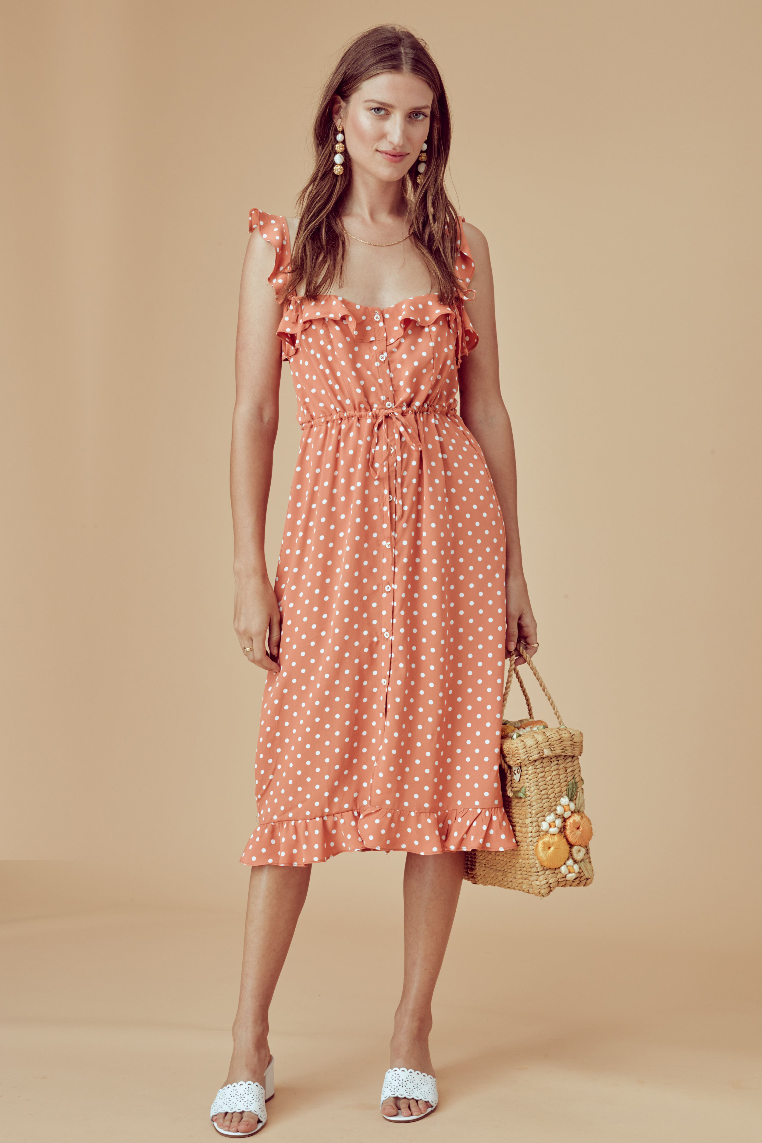 For Love & Lemons Natalia Polka Dot Midi Dress - Copper Dot
