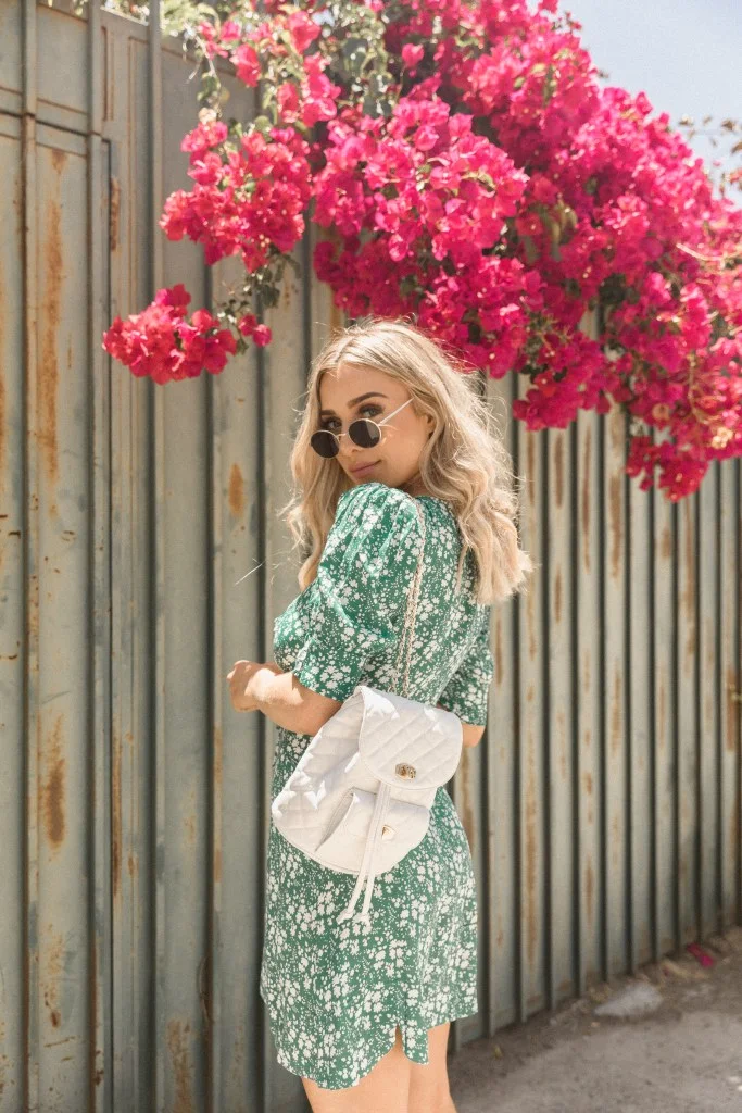 Delaney of @styledseed in For Love & Lemons Zamira Floral Crop Top - Kelly Green