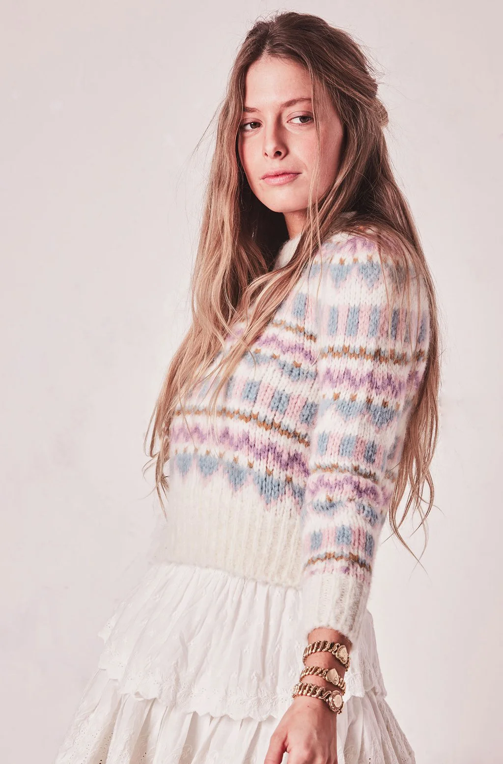 LoveShackFancy Cropped Pastel Fair Isle Pullover Sweater