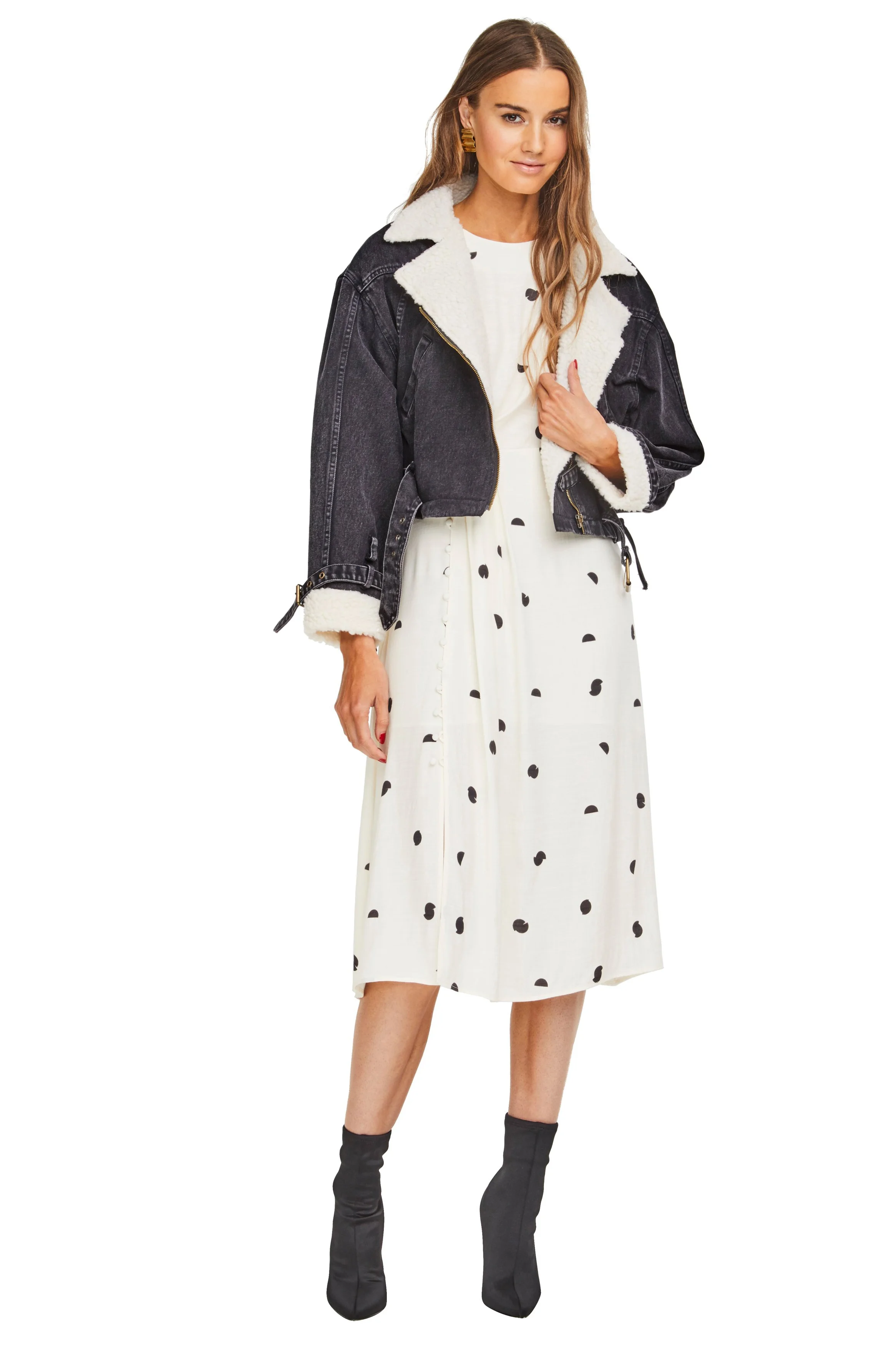 ASTR the Label Jefferson Cropped Denim Biker Jacket With Shearling