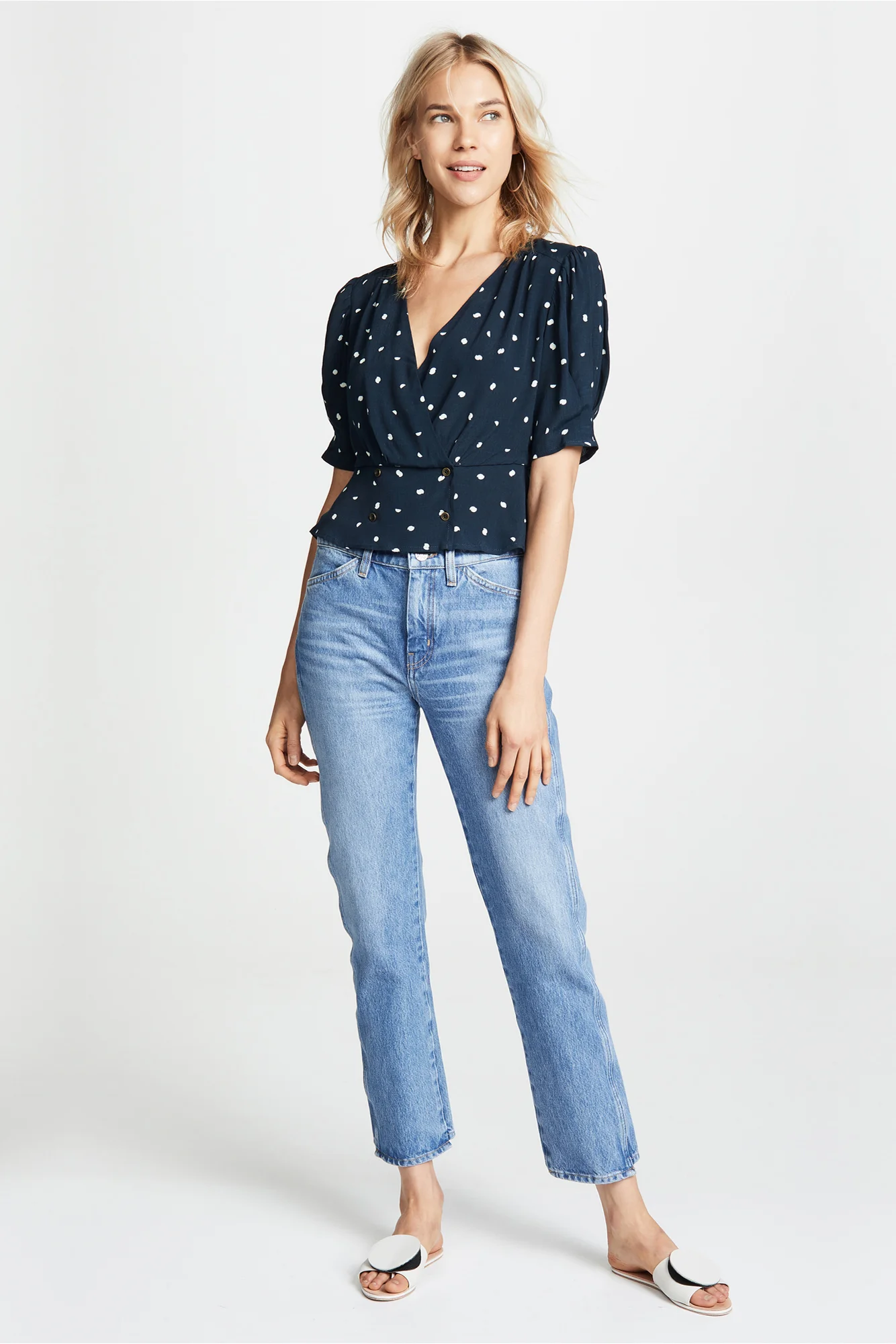ASTR the Label Beatrice Polka Dot Top - Navy Cream Dot