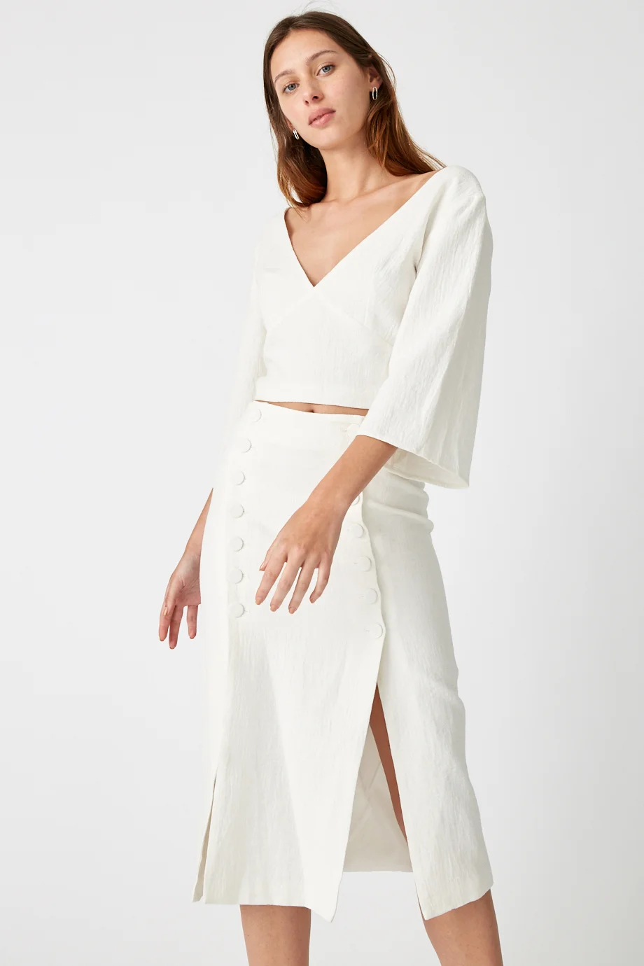 Third Form Closure Split Midi Skirt With Button - White