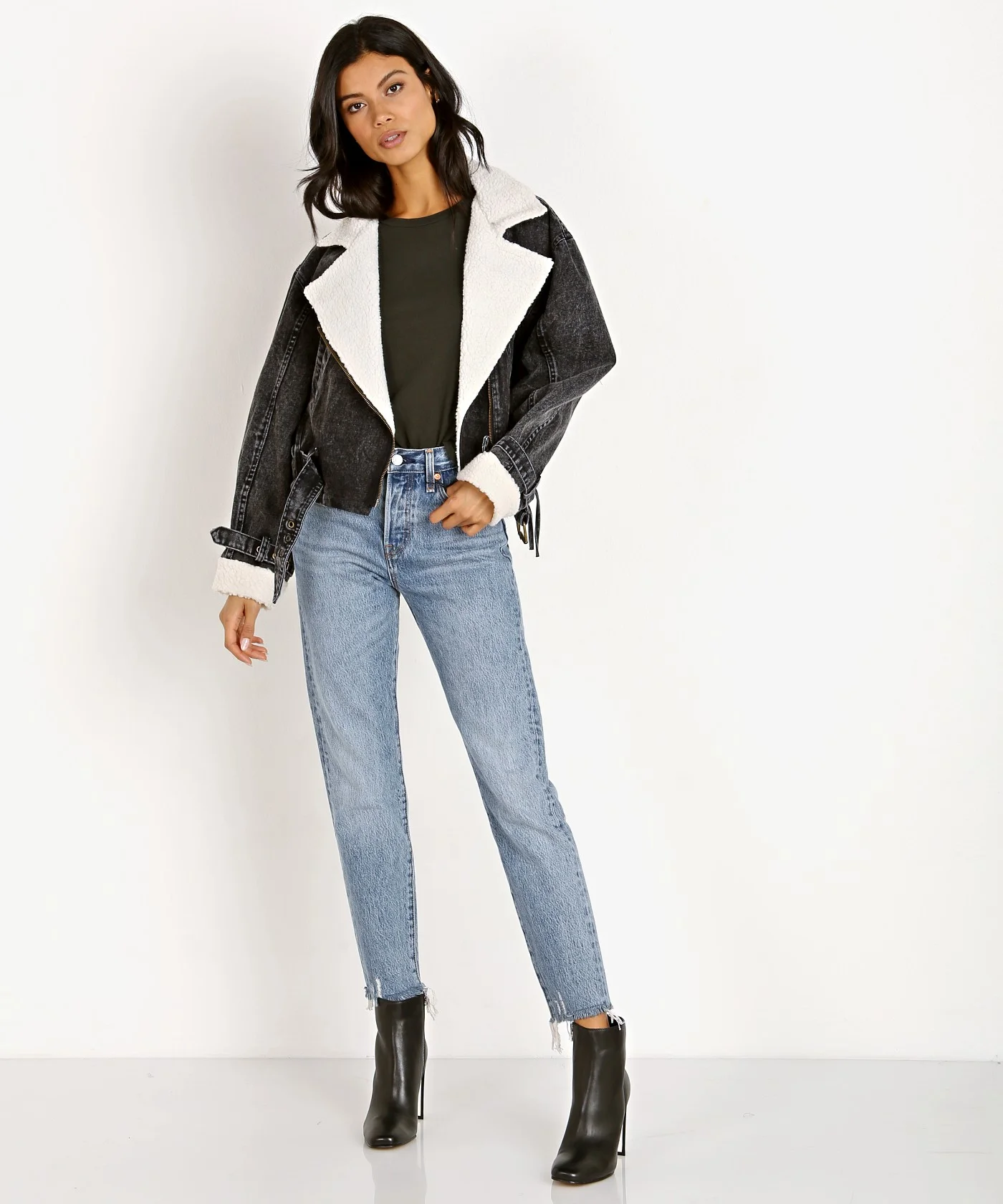 ASTR the Label Jefferson Cropped Denim Biker Jacket With Shearling