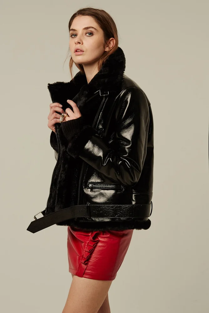 Deby Debo Danielle Vinyl Shearling Biker Jacket With Belt