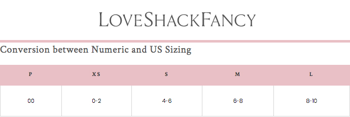 Loveshackfancy Size Chart