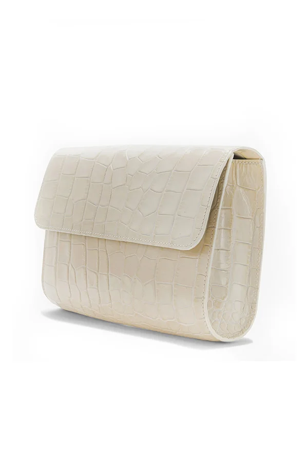 by FAR Crossover Cream Croco Embossed Leather Shoulder Bag